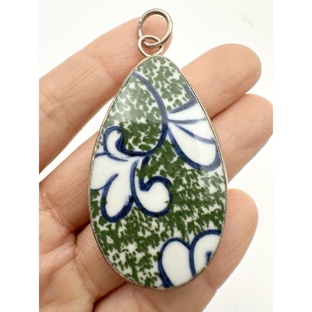 Vintage Porcelain Floral Pendant Silver Tone Bezel White Green